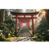 Overhead Torii Gate Forest desk mat view with a long red torii pathway with moss, lanterns and sunbeams