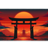 Overhead Torii Gate Sunset desk mat view with a torii silhouette, distant pagoda and layered mountains at sunset