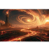 Full-width Volcanic Fantasy Tower desk mat showing lava rivers, an erupting volcano, a dark citadel and fiery vortex