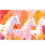 Animals 36x16in custom desk mat featuring white horses in autumn forest, non-slip rubber base – PrintMyPad