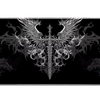 Wide gothic winged sword black and silver desk mat displaying the complete artwork across a desktop