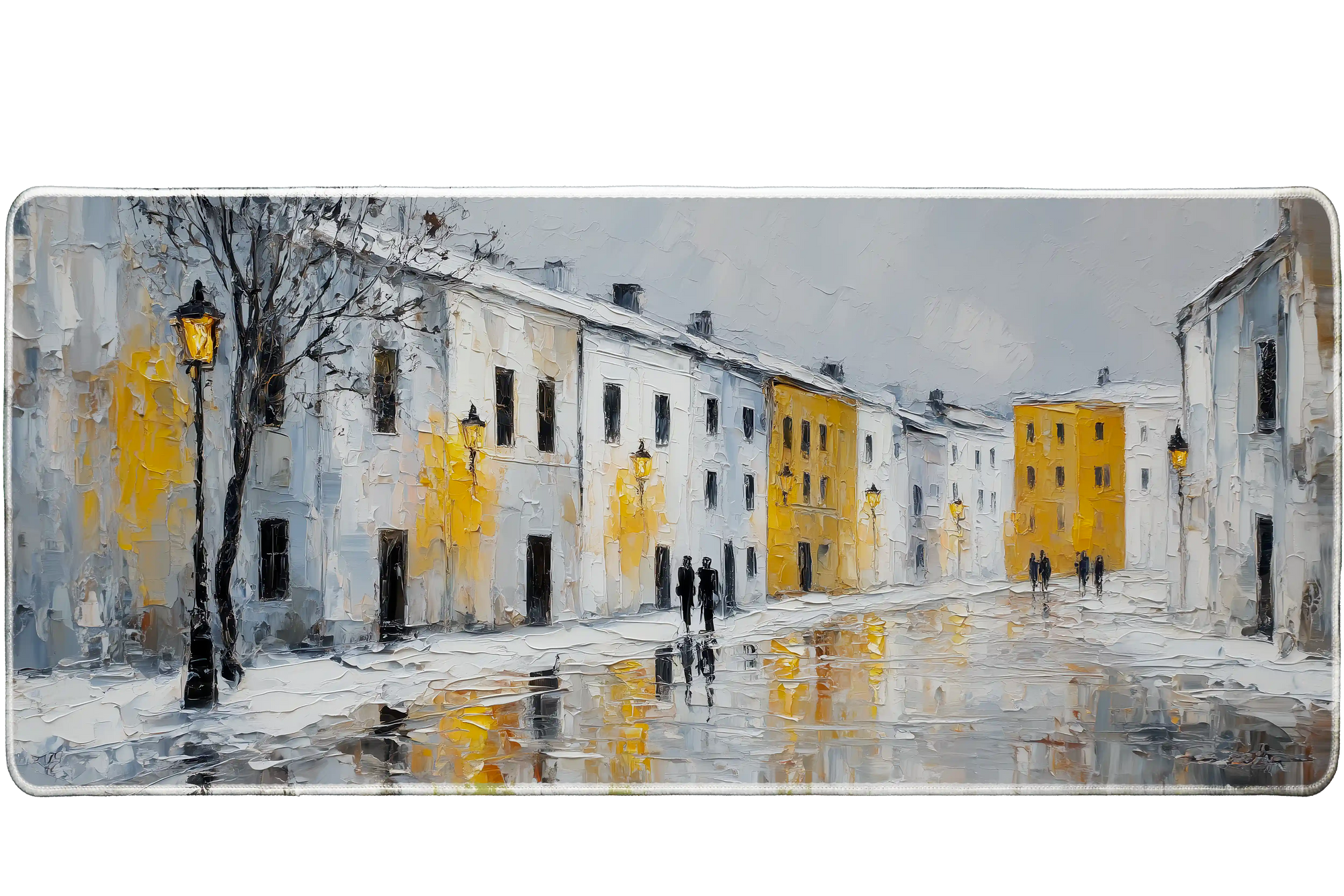 Landscape 900x400mm custom desk mat featuring snowy street scene with warm lights, washable surface – Print My Pad
