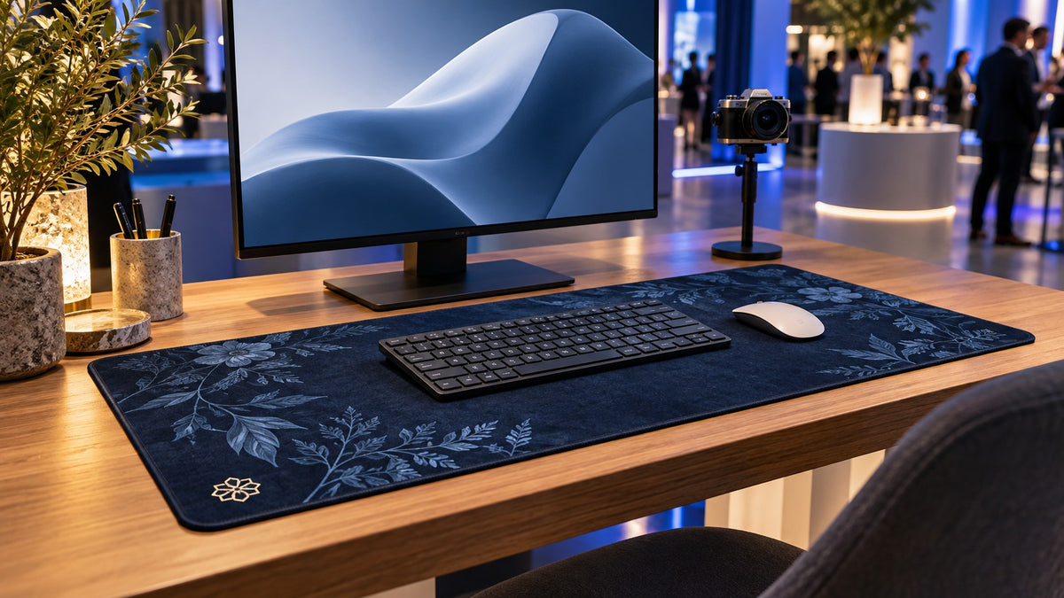 Branded demo desk with visible geometric emblem, botanical mat, monitor and a small recording camera.