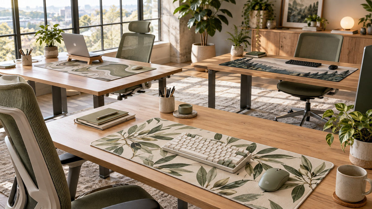 Coordinated office desks use shared green accents with different mat designs and personal accessories.