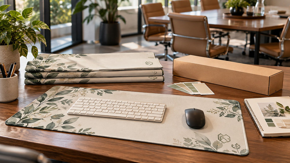 Coordinated botanical desk mats, sample materials and presentation boxes on an office planning table.