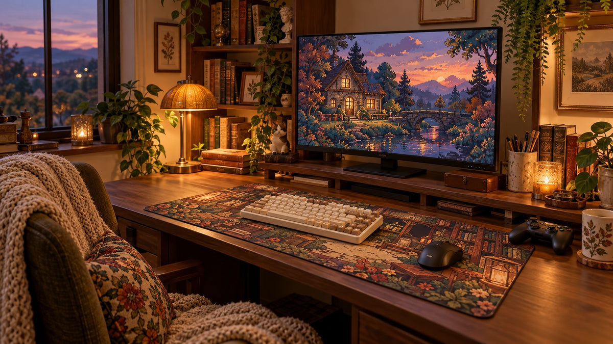 Bookish gaming setup with a library-print mat, retro keyboard and warm lamplight.