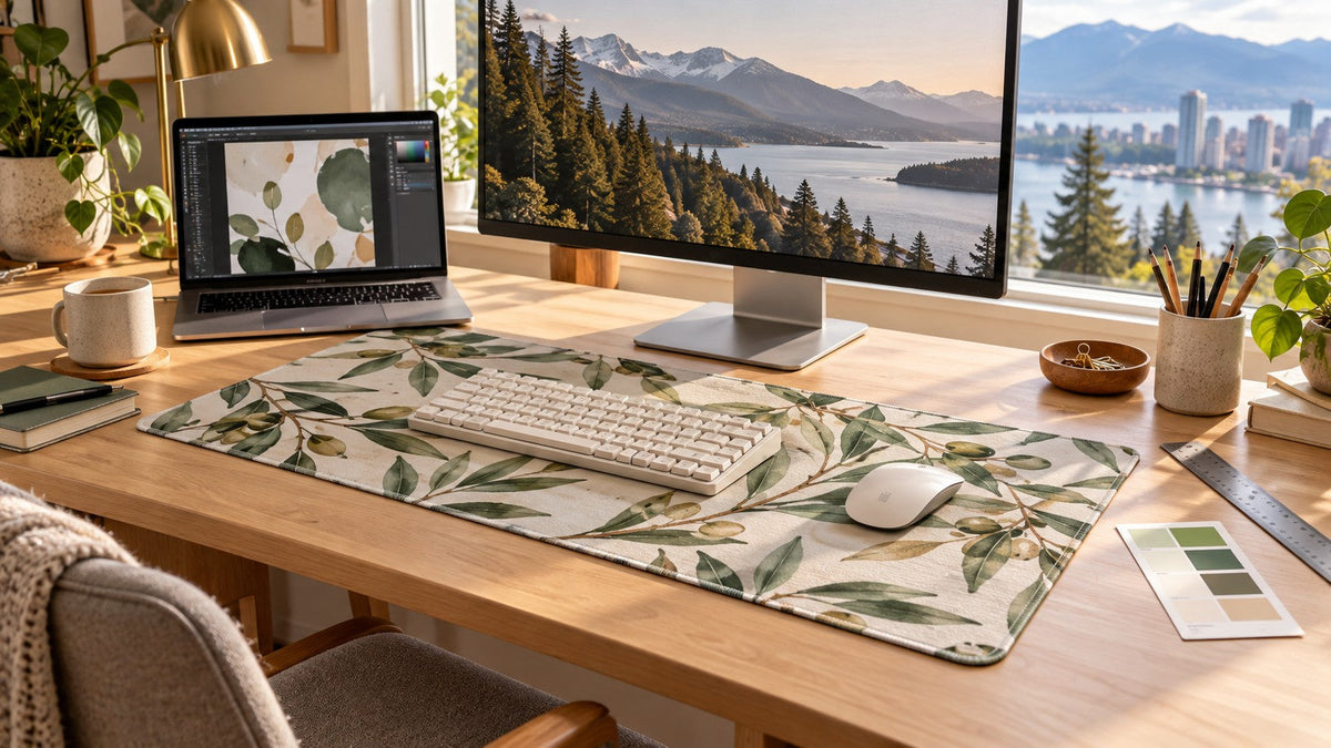 Olive-leaf desk mat with a cream keyboard, artwork screen and measuring tools in a bright home office.