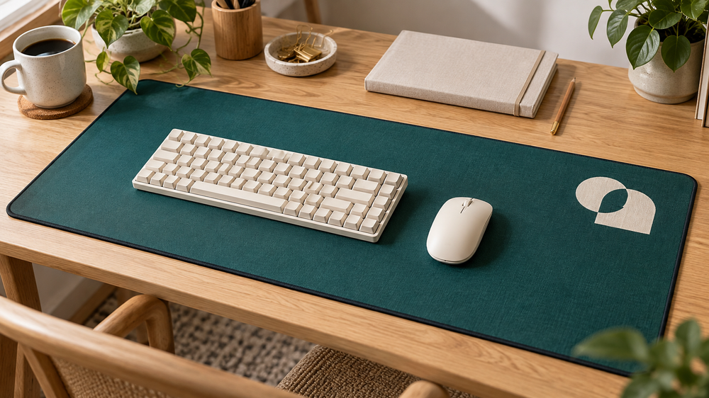 Illustrative studio desk with a teal fabric mat, original cream geometric emblem, cream keyboard and blank notebook.