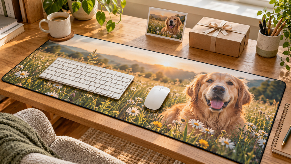 Illustrative home-office scene with a dog-photo desk mat, cream keyboard and small gift box on an oak desk.