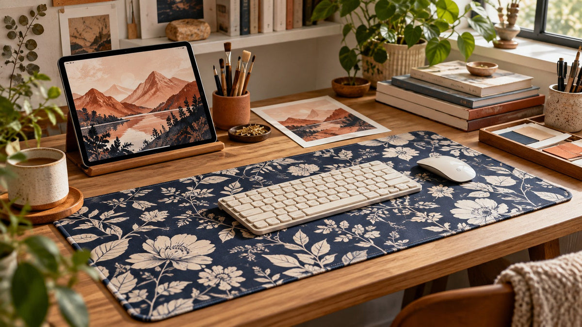 Botanical desk mat beside an original landscape artwork and paper proof in a creative studio.