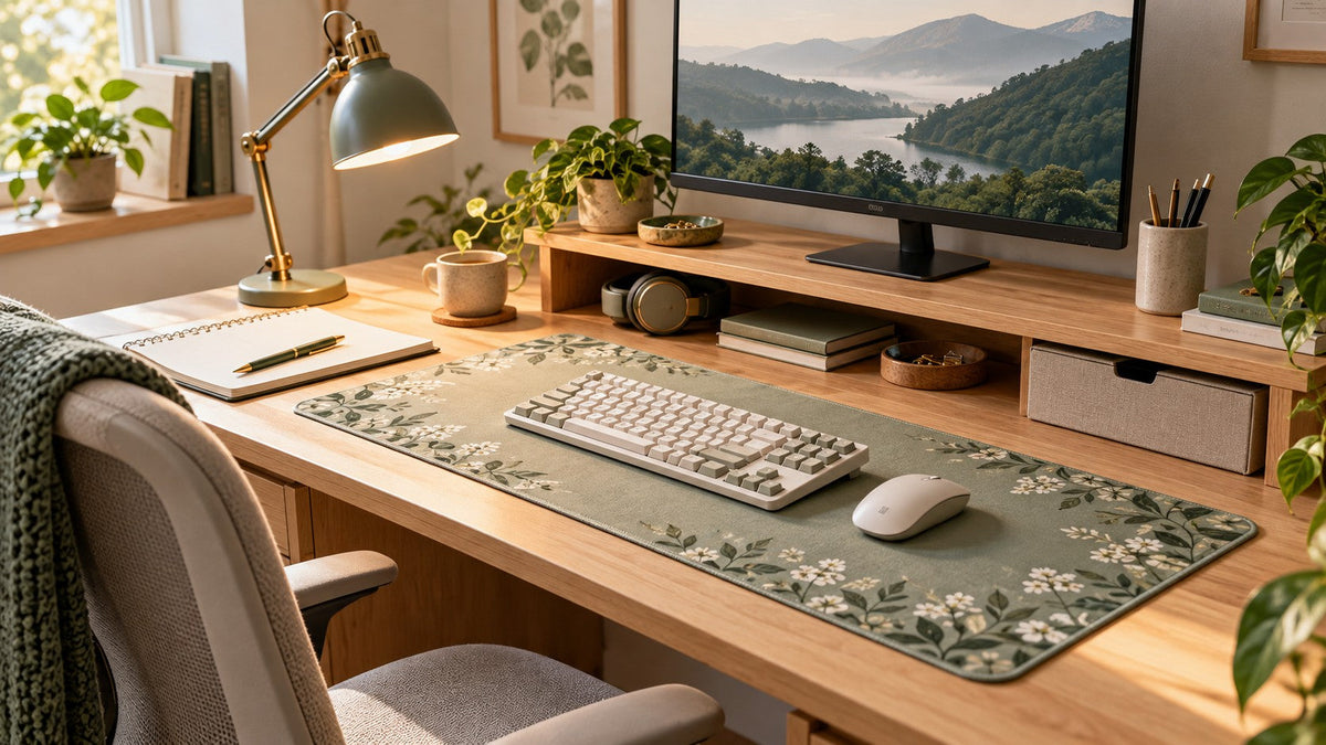 Botanical desk mat, adjustable task lamp and oak monitor shelf in a thoughtfully arranged workspace.