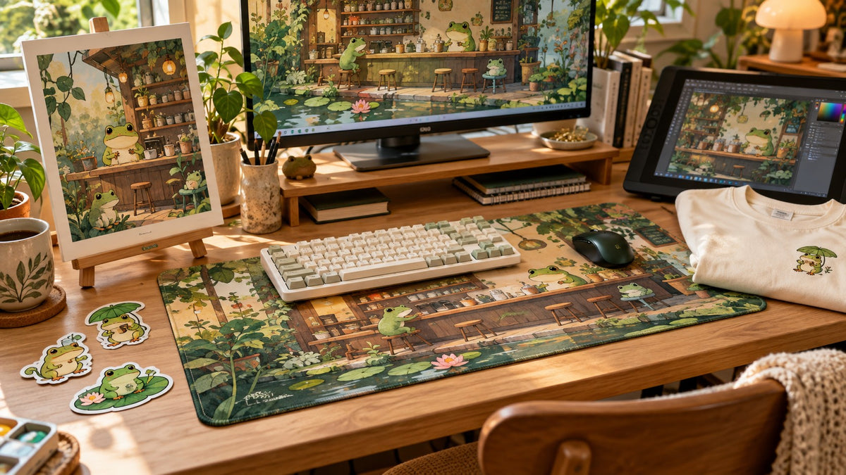 Creator studio comparing a frog-illustrated desk mat, matching art print, stickers and shirt.