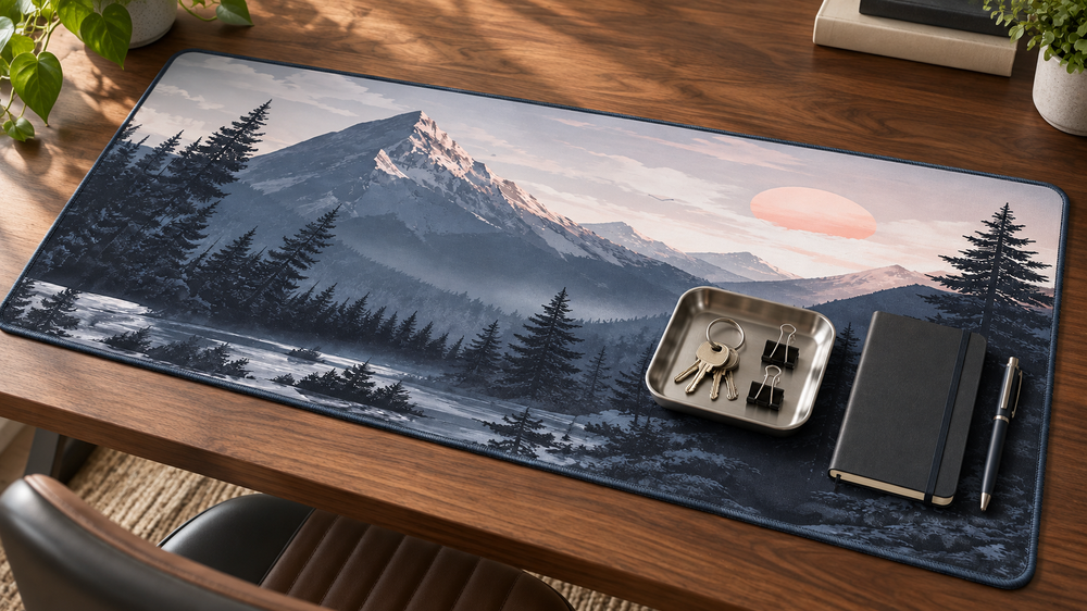 Mountain-print deskmat on a wooden table with a metal catchall tray holding keys and binder clips beside a notebook and pen.