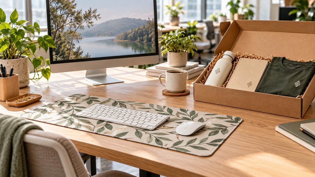 Employee welcome arrangement with a botanical mat, reusable bottle, notebook and folded shirt.