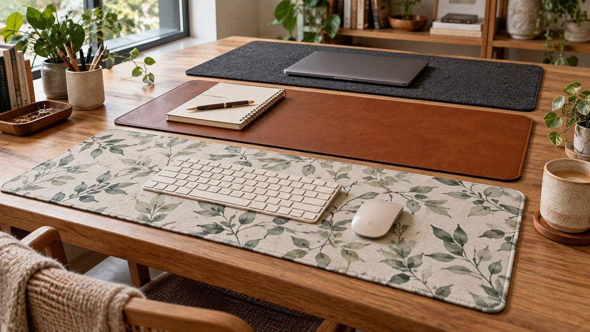 Fabric, cognac leather and charcoal felt desk mats arranged with work accessories for comparison.