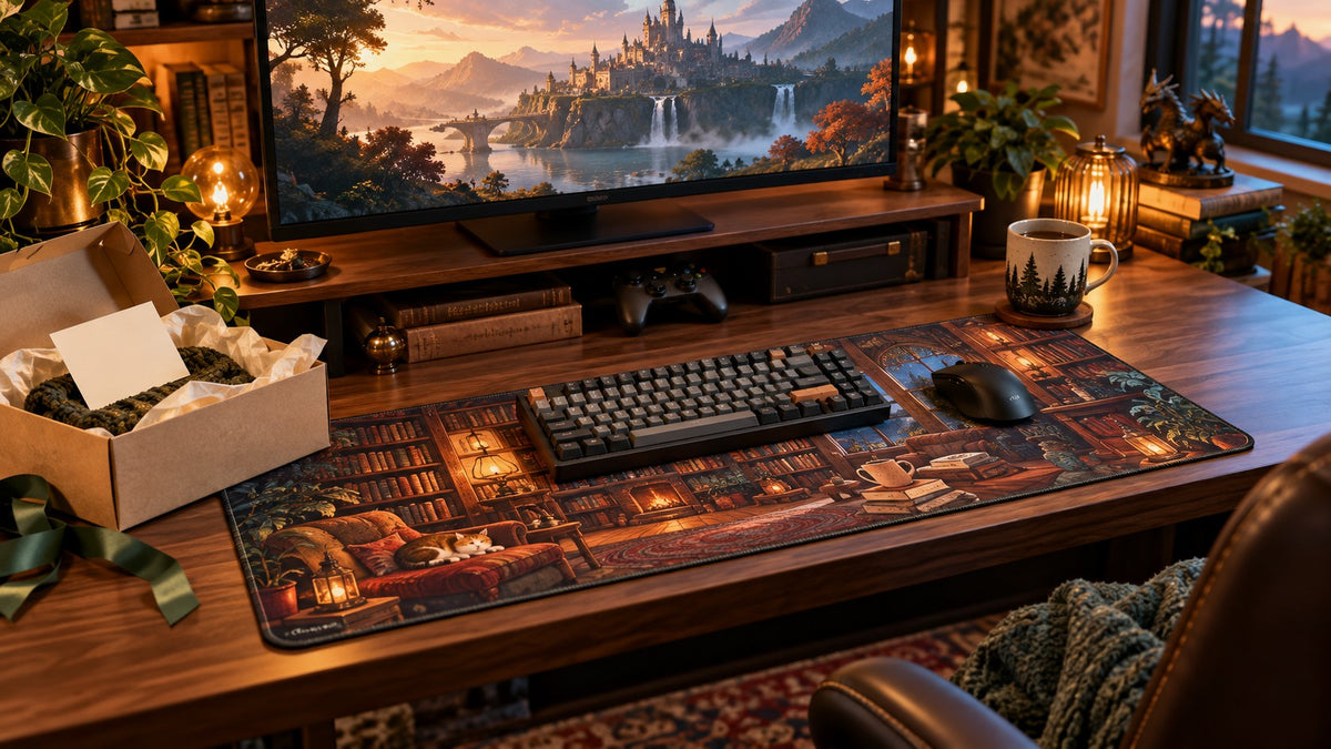 Cozy gaming desk with a library-print mat, controller and an opened gift box.