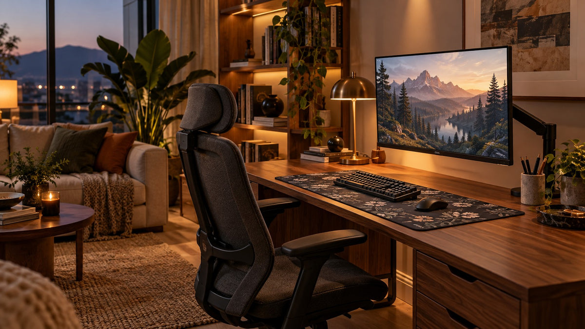 Walnut gaming desk with a dark floral mat, warm lighting and shelving integrated into a living room.