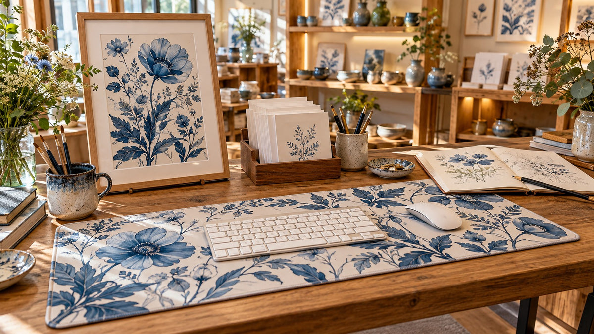 Gallery-shop workspace presenting blue botanical artwork as both a framed print and a desk mat.