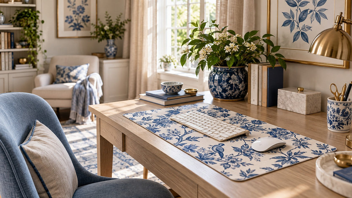 Blue botanical desk mat coordinated with ceramic accessories, artwork and soft blue room accents.