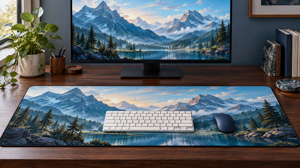 Illustrative walnut desk with matching blue mountain artwork on a monitor and flat stitched fabric desk mat.