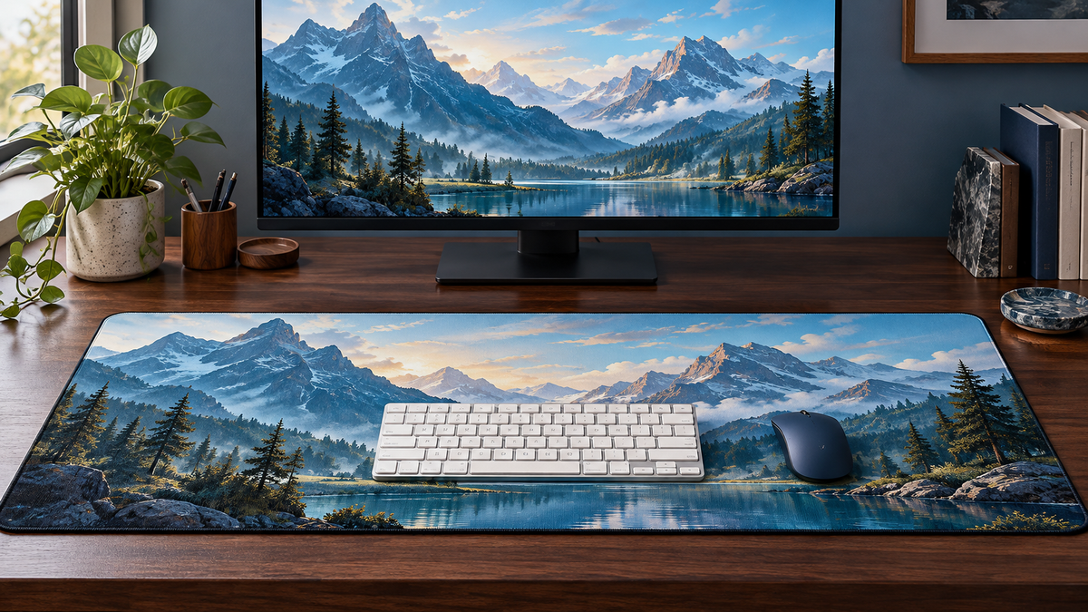 Illustrative walnut desk with matching blue mountain artwork on a monitor and flat stitched fabric desk mat.