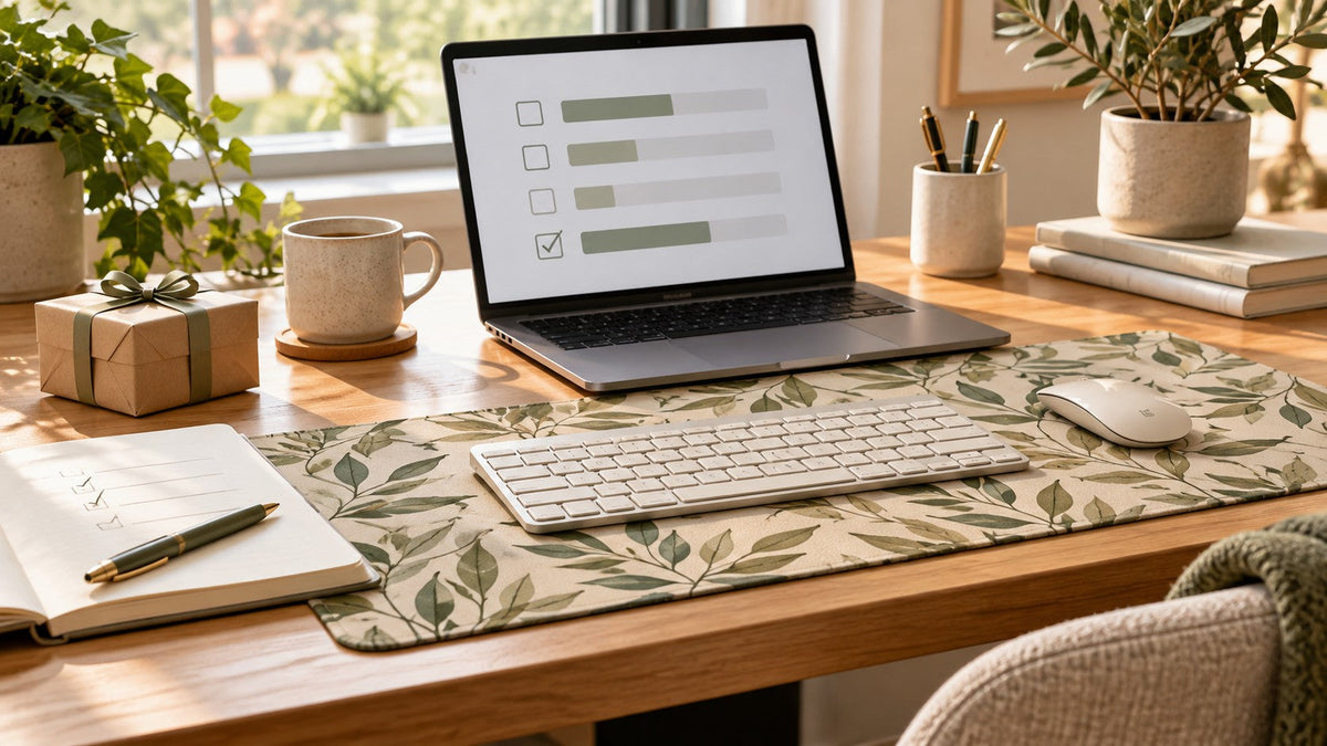 Botanical desk mat in daily use beside a survey screen, feedback notebook and gift box.