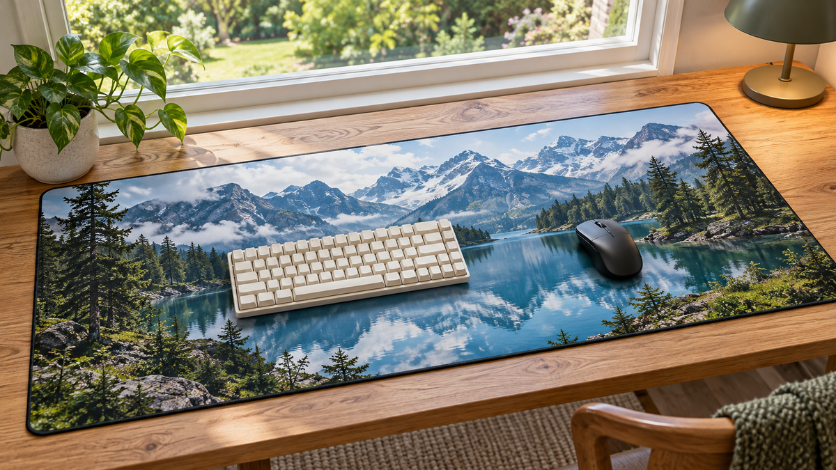 Illustrative oak desk with a flat alpine-lake and forest-print desk mat, cream keyboard and dark mouse.