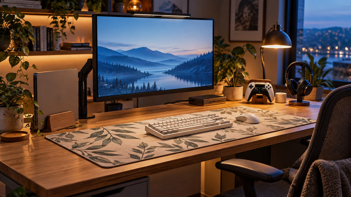 Work laptop and gaming monitor share a tidy desk with one keyboard, controller and olive-leaf mat.