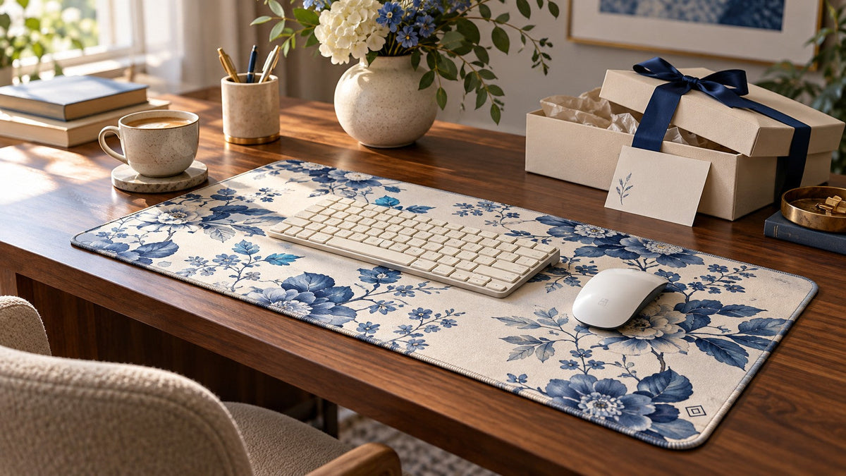Blue floral desk mat with restrained branding, ribboned gift packaging and a personal note card.
