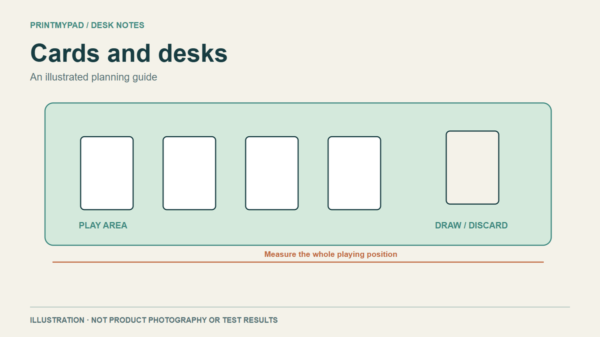 Conceptual casual card-game footprint with separate draw, discard and play areas inside a rectangular mat; no compatibility result is shown.
