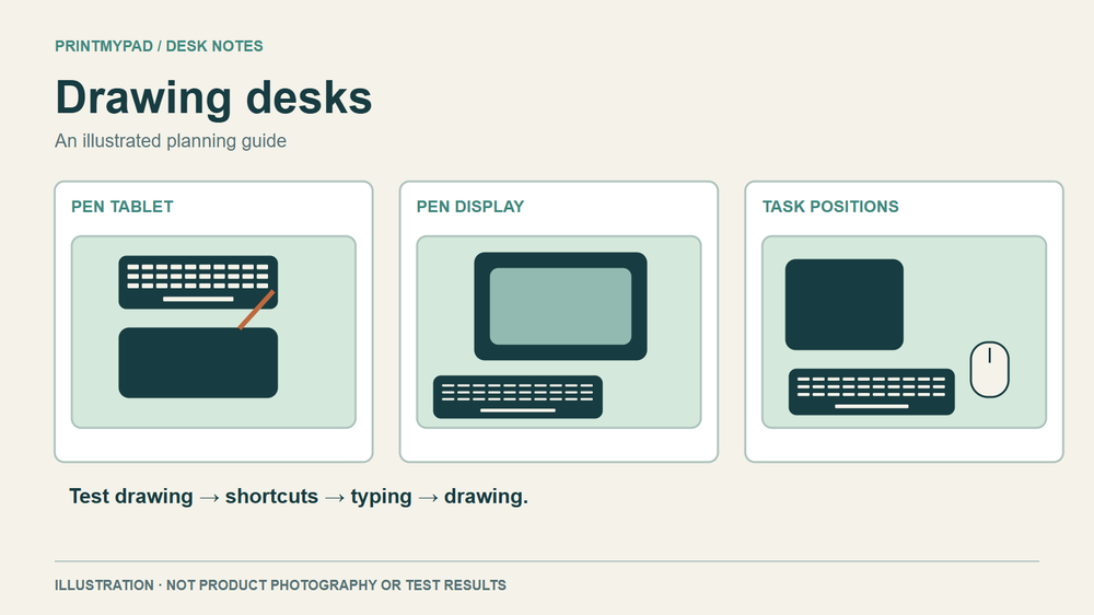 Three illustrative drawing-desk layouts showing a tablet, keyboard and mouse, including a pen display and separate task positions.