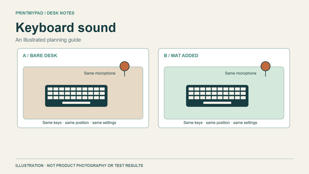 Illustrative comparison setup with the same keyboard and microphone on a bare desk and a printed mat; no acoustic result is shown.