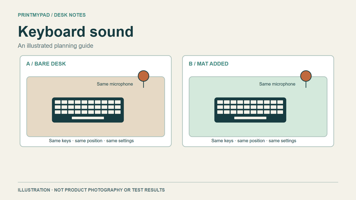 Illustrative comparison setup with the same keyboard and microphone on a bare desk and a printed mat; no acoustic result is shown.