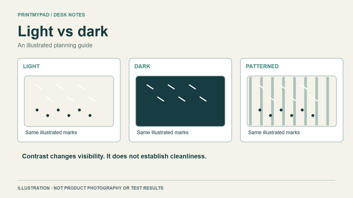 Illustrative light, dark and patterned backgrounds with repeated light and dark marks to explain contrast; not a fabric or cleaning test.