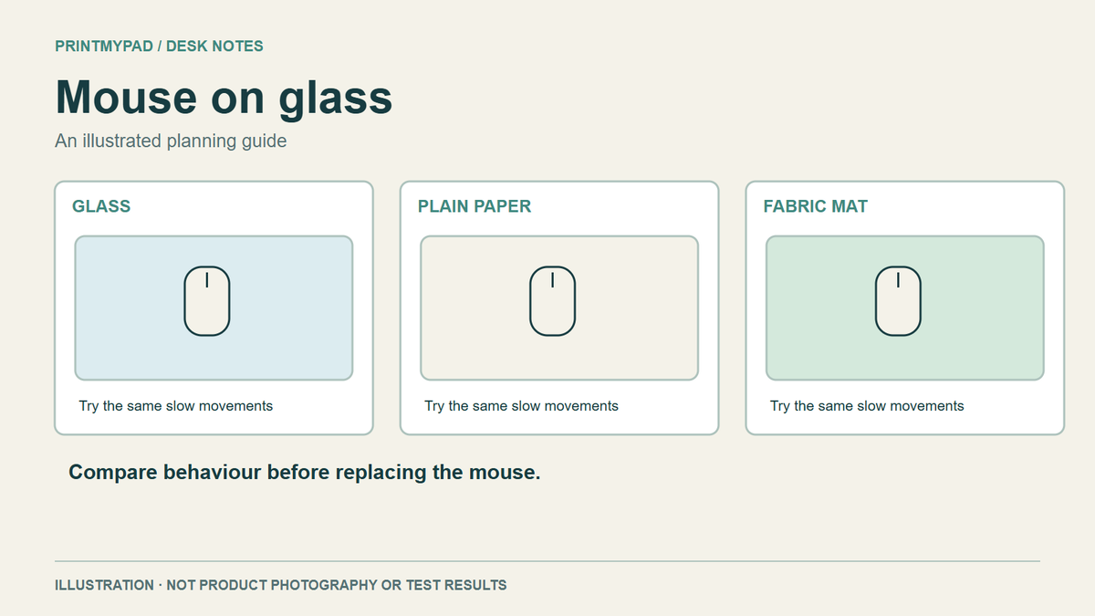 Illustrative troubleshooting sequence showing one mouse on glass, plain paper and a fabric mat, with settings held constant.
