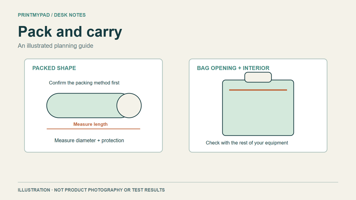 Illustrative packed-cylinder and backpack comparison asking the reader to measure packed length, diameter and bag opening; packed dimensions are not specified.