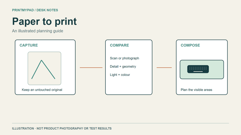 Illustrated workflow comparing a flatbed scan and a square-on photograph of an original drawing before making a wide print layout.
