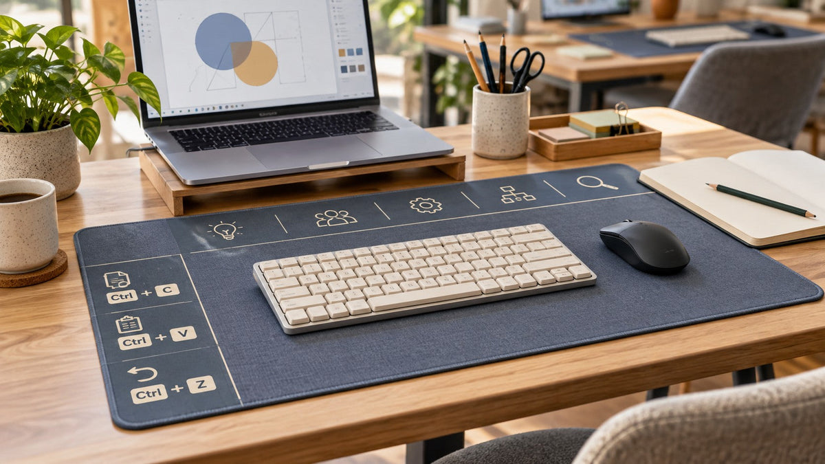 Workshop desk with a printed shortcut reference mat arranged around the keyboard and mouse.