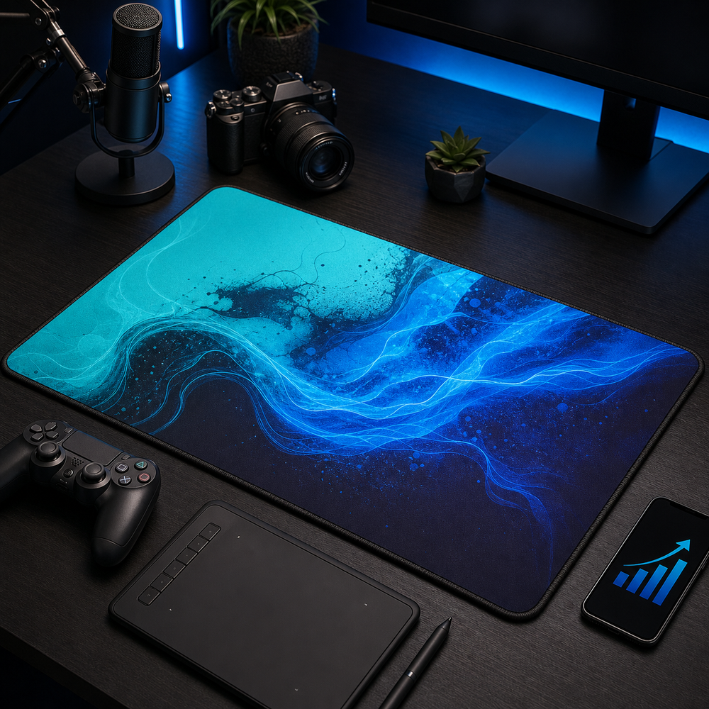 Creator workspace with a custom blue desk mat, microphone, camera, drawing tablet, controller, and growth chart