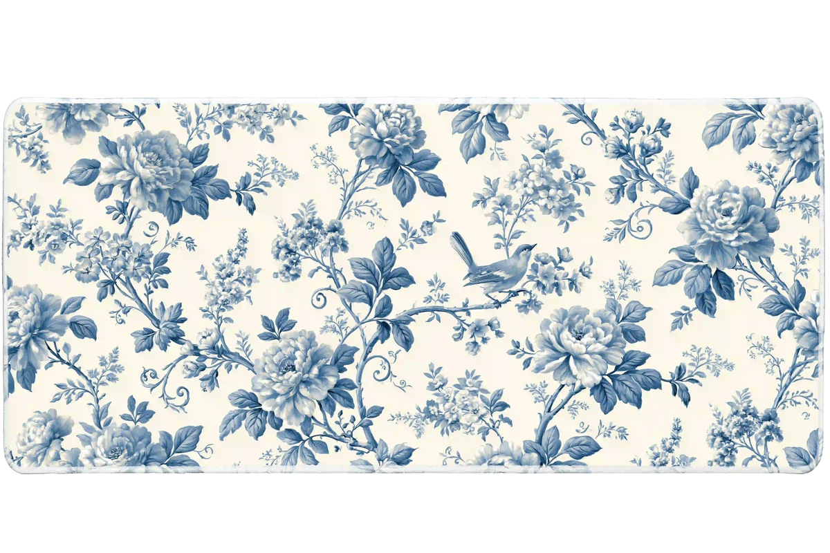 Blue Chinoiserie desk mat artwork in a wide product view
