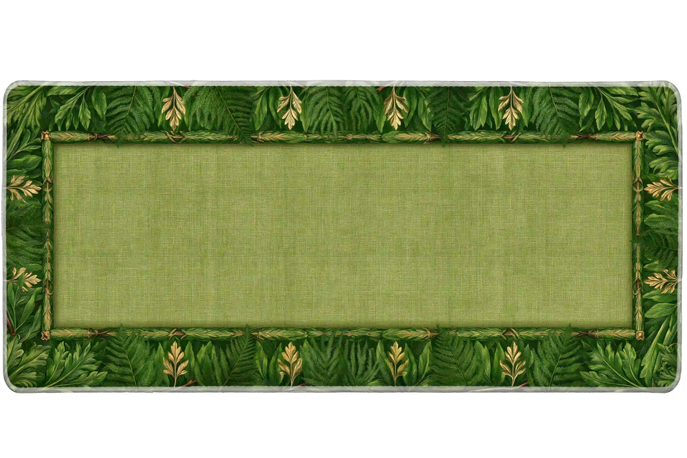 Green botanical desk mat with fern and leaf borders, warm golden accents and an open sage center