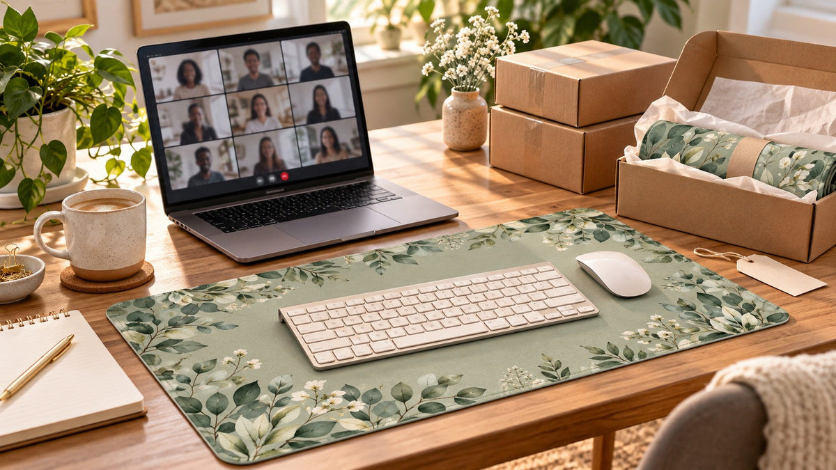 Remote-work desk with a botanical mat, video-call screen and carefully packed gift mailers.