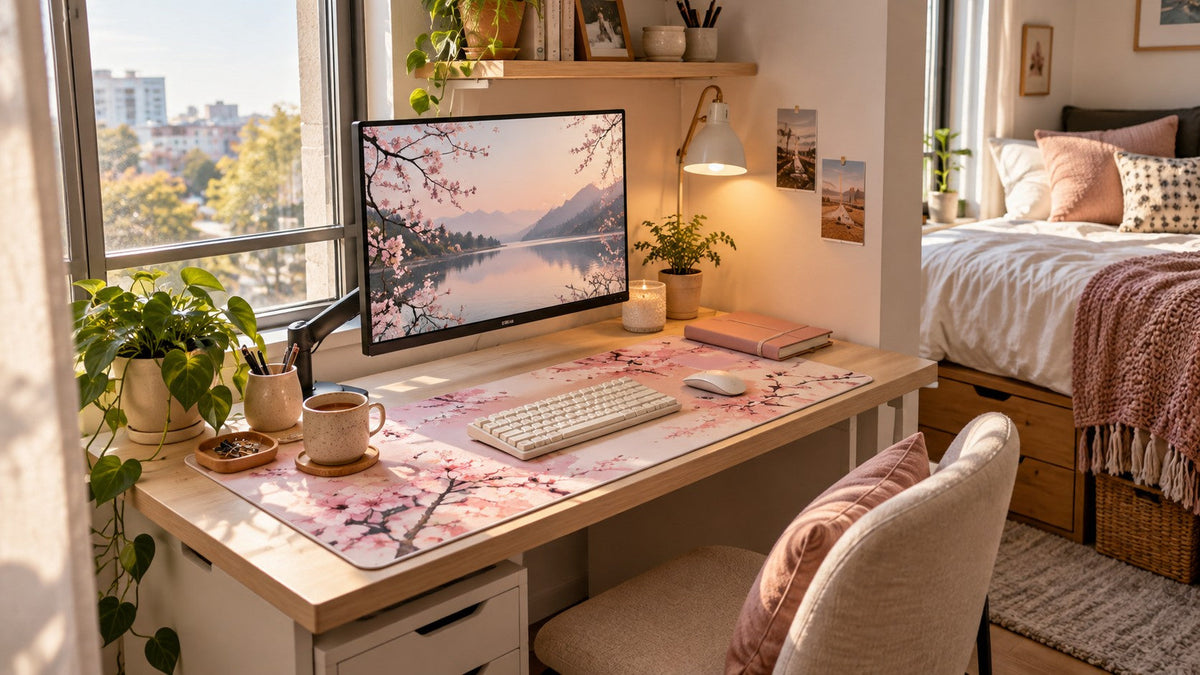 Compact apartment desk with a blush floral mat, monitor arm and floating storage shelf.