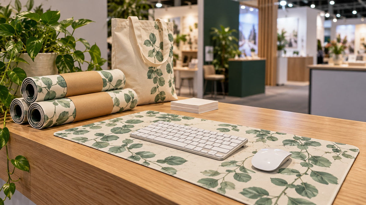 Curated event gift display with a botanical demo mat, rolled mats and reusable tote.