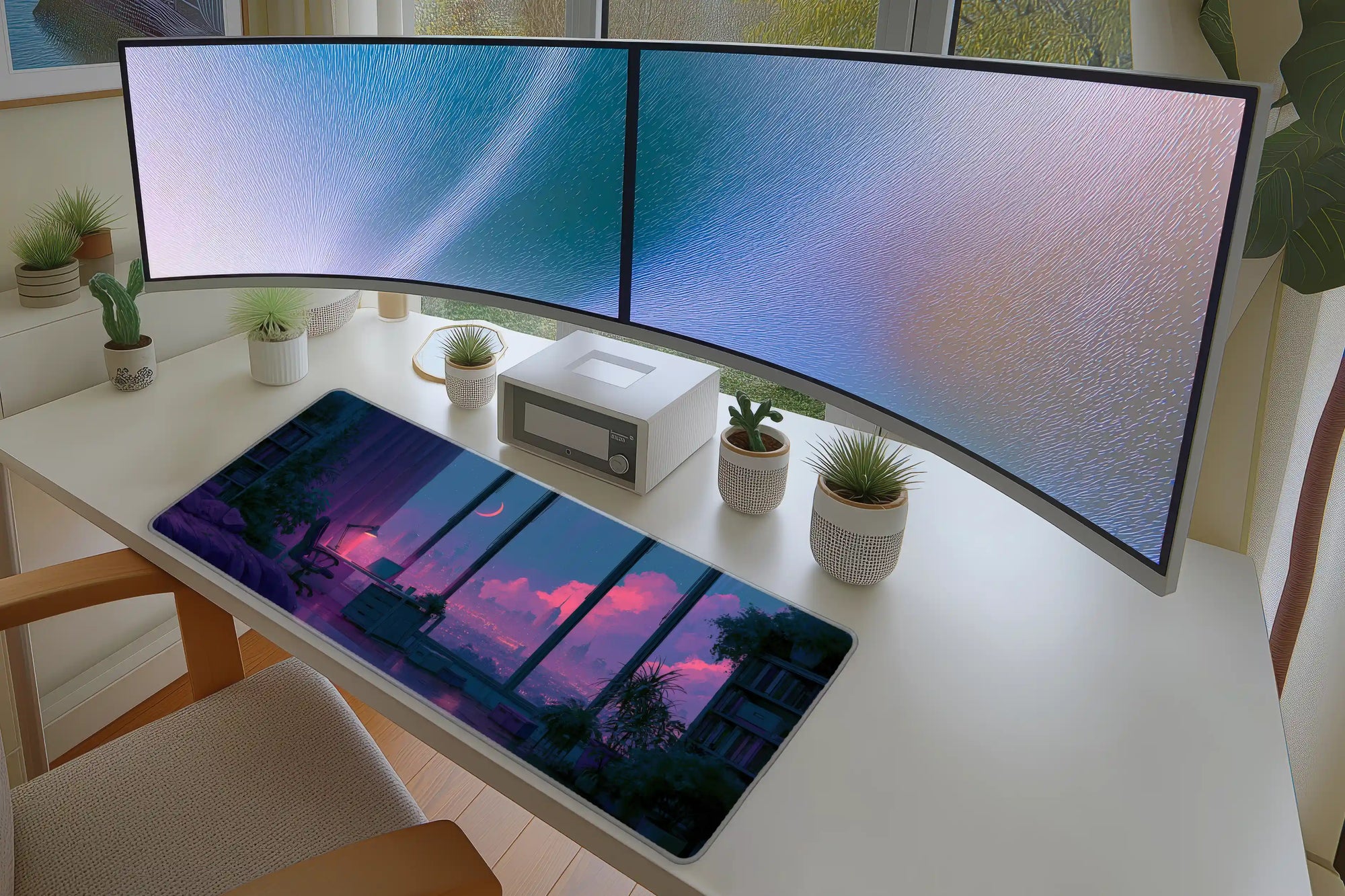 Vaporwave City View Desk Mat | Aesthetic Mouse Pad in a full desk setup with keyboard, mouse, and office accessories
