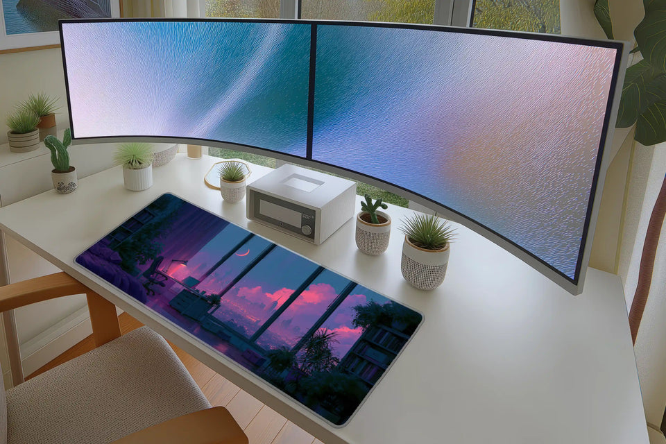 Vaporwave City View Desk Mat | Aesthetic Mouse Pad in a full desk setup with keyboard, mouse, and office accessories