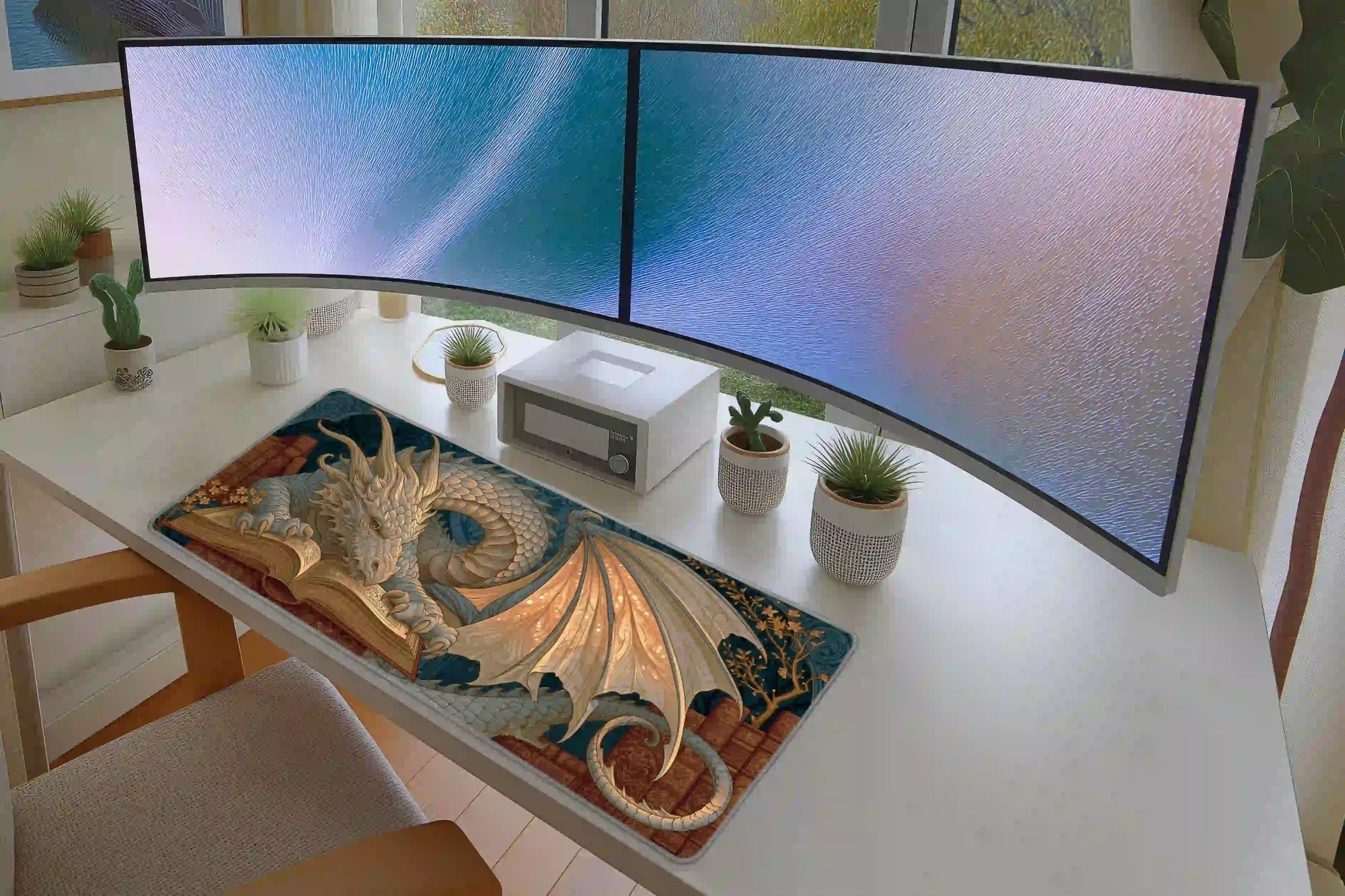 White Dragon Reading Ancient Book Fantasy Desk Mat