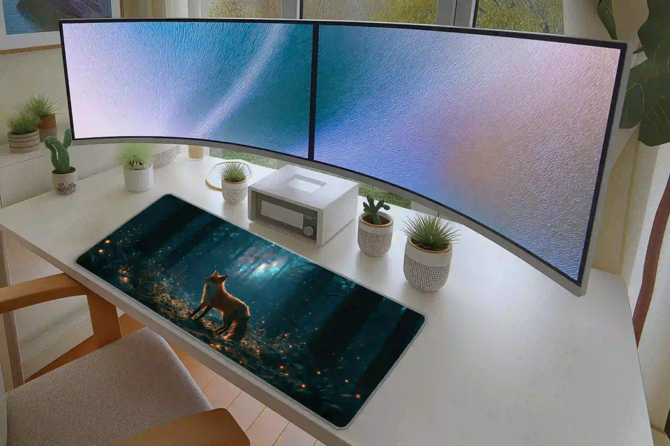Full desk setup with the enchanted fox forest firefly mat beneath a keyboard and mouse
