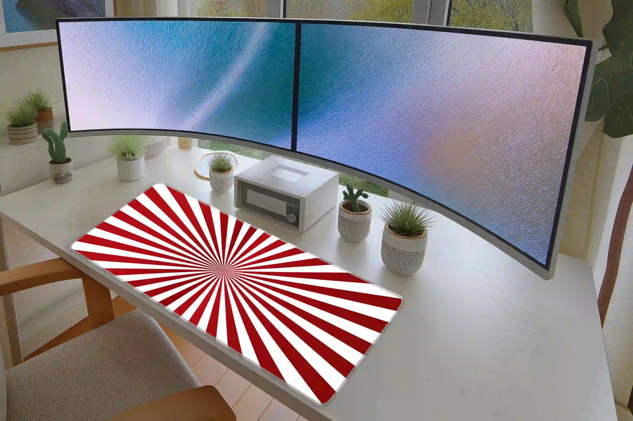 Circus Sunburst extended mouse pad completing a home office desk setup