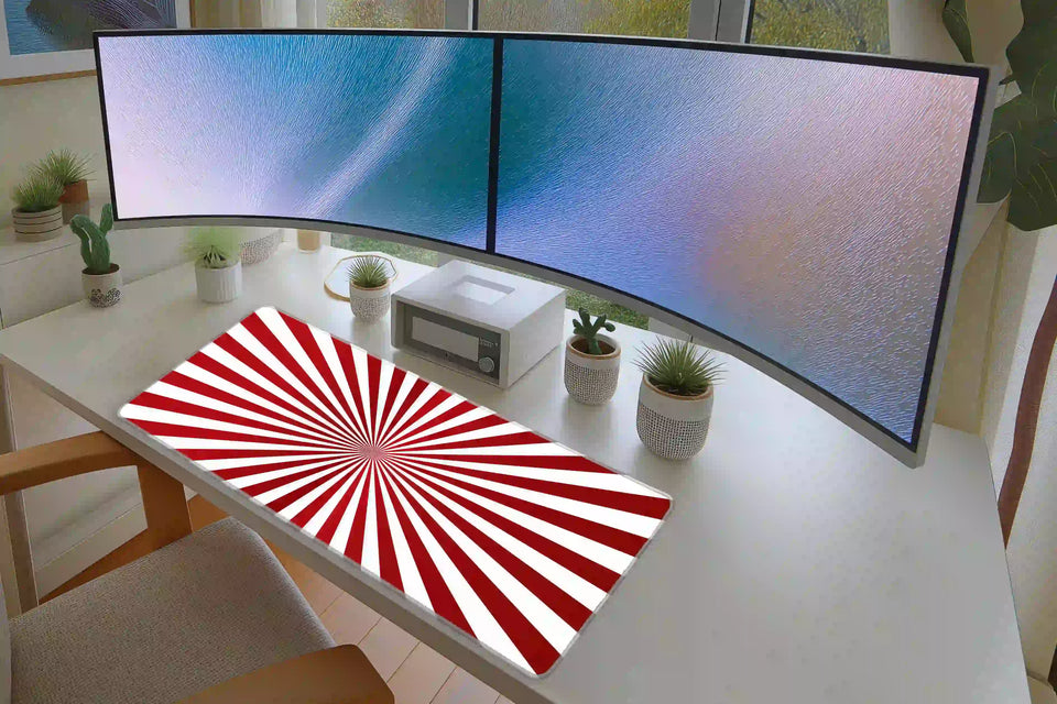 Circus Sunburst extended mouse pad completing a home office desk setup